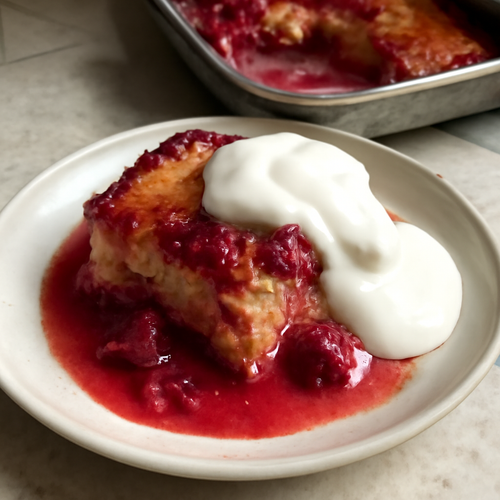 Pouding Chômeur aux Framboises et Crème Épaisse