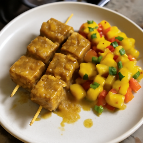 Brochettes de tofu au curry et salsa de mangue