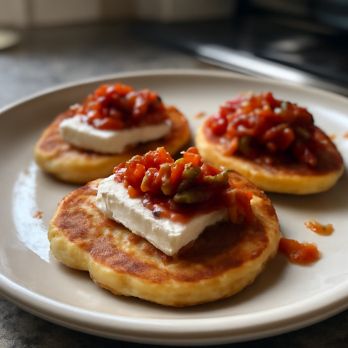 Blinis de maïs au fromage de brebis et piperade